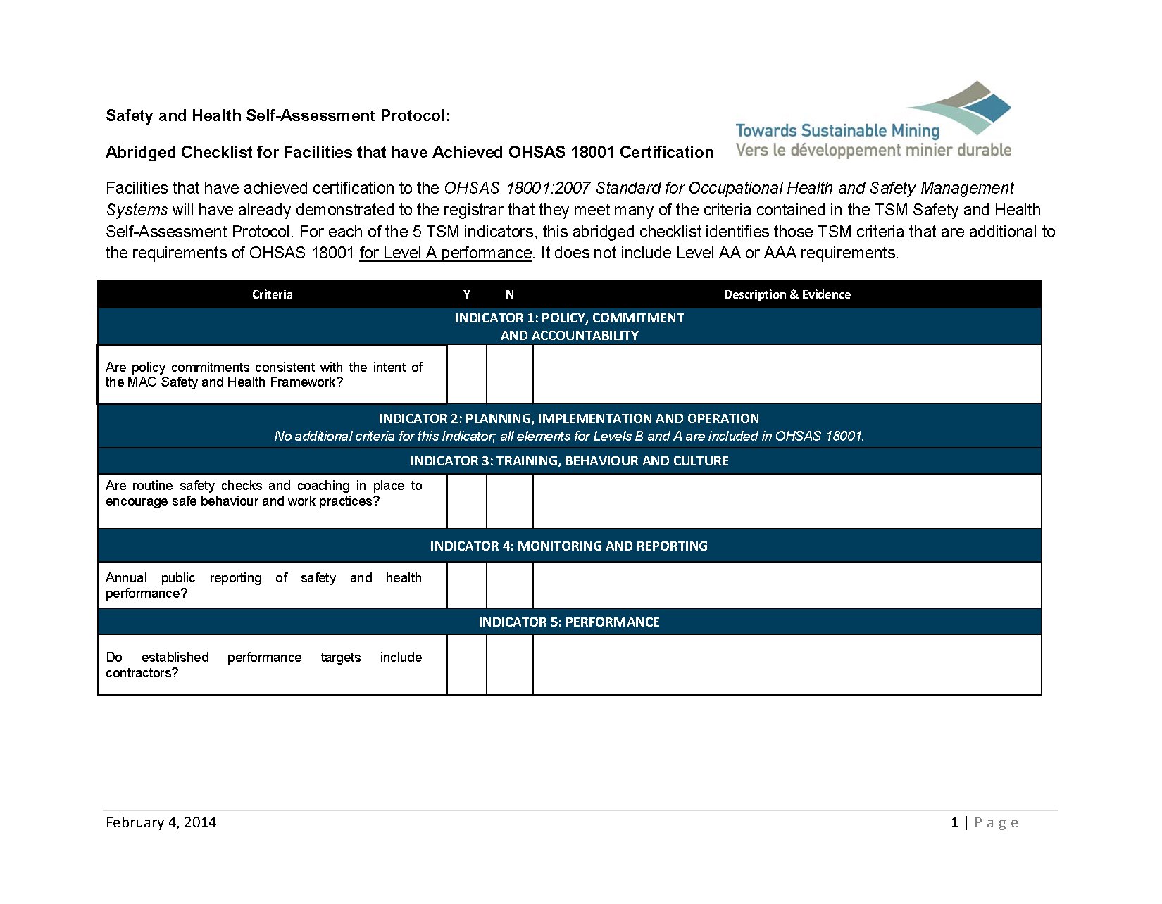 Abridged Checklist for Facilities with OHSAS 18001 Certification The